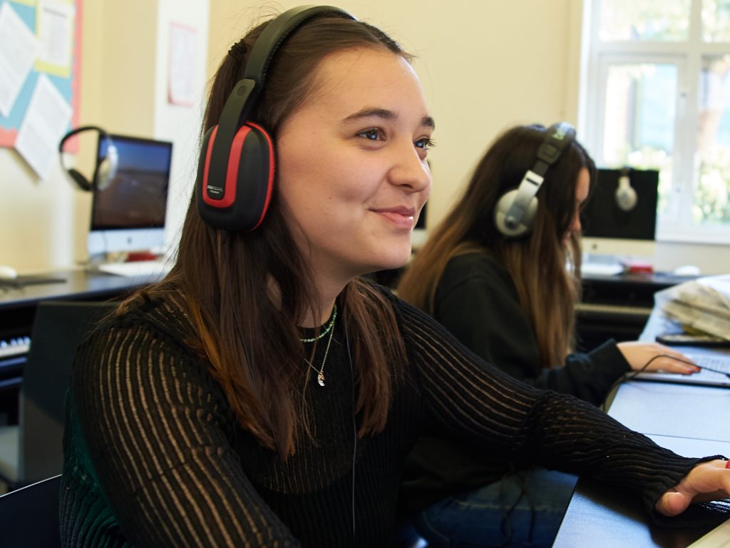 Students preparing for a podcast