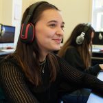 Students preparing for a podcast