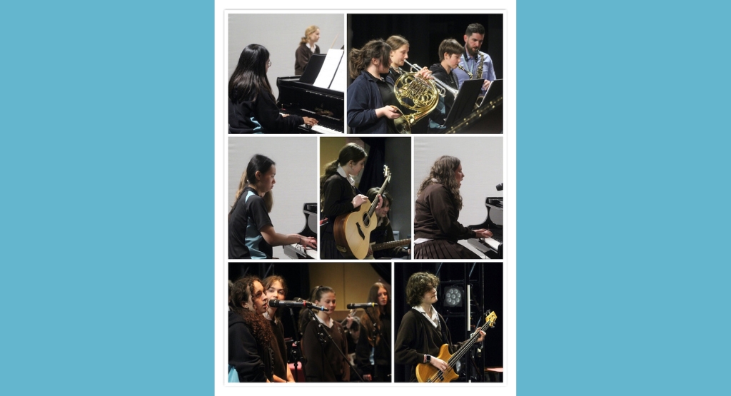 collage of students playing music