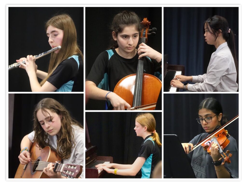 collage of students playing music