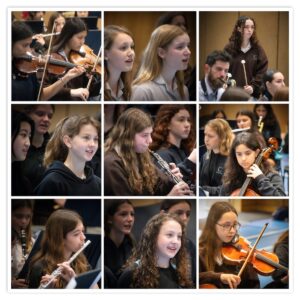 collage of students playing music