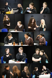 Collage of students in brown and teal school uniforms engaged in discussion, reading, and acting in a classroom setting.