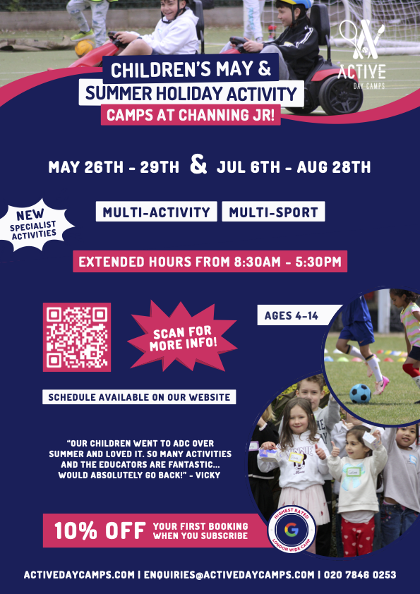 Promotional poster for Children's May & Summer Holiday Activity Camps at Active Day Camps, with camp dates (May 26–29, Jul 6–Aug 28), ages 4–14, extended hours 8:30am–5:30pm, featuring multi-activity and multi-sport programs and a QR code for more info. Includes offer of 10% off first booking.