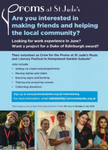 Proms at St Jude's poster inviting people to volunteer for the festival, with a sign-up link and photos of smiling volunteers at the bottom.