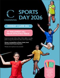 Poster for Channing Sports Day 2026 with athletes in bright shirts; date Monday 15 June 2026 at Parliament Hill Fields Athletics Track.