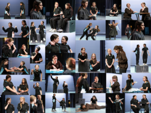 Collage of young students in black-teal shirts rehearsing on a blue-stage backdrop, showing dialogue and teamwork on stage-stage scenes, steps and props across many frames.