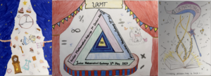 Three-panel classroom drawing about a math contest: left shows a space-themed scene with a tall white tower, clock, and floating doodles against a blue background; center features a colorful concentric triangle stage with 'Junior Mathematical Challenge 5th May 2027' and various decorations; right panel shows a wand, stars, and an open book with math symbols and ribbons against a white background.