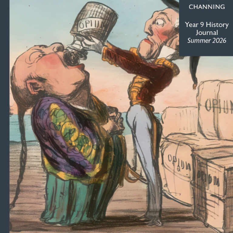 Caricature showing a Western man pouring opium into a Chinese man’s mouth, with crates labeled Opium in the background (satirical 19th-century scene).