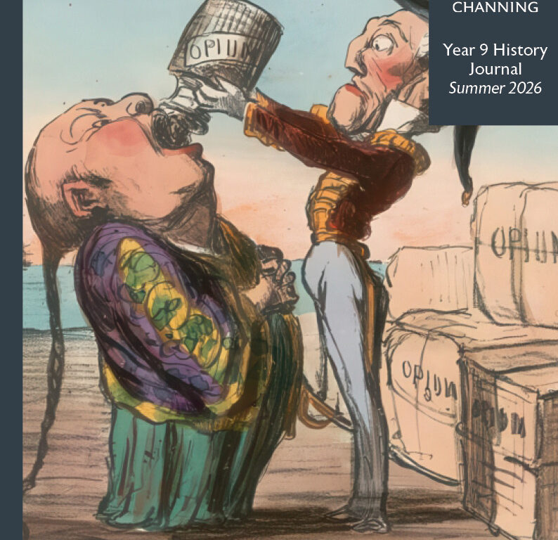 Caricature showing a Western man pouring opium into a Chinese man’s mouth, with crates labeled Opium in the background (satirical 19th-century scene).